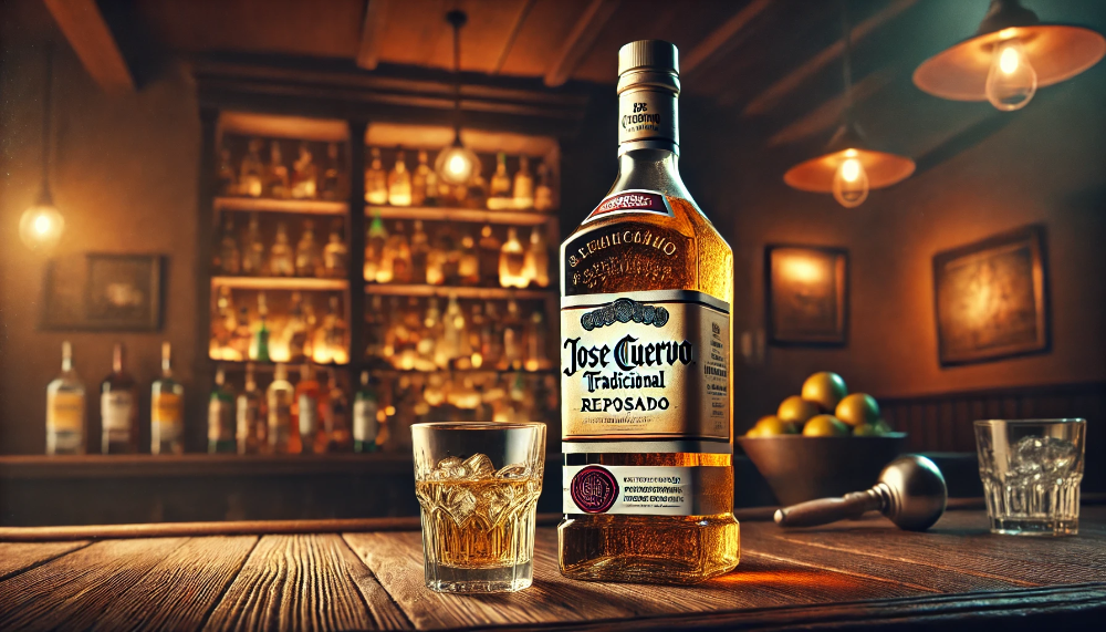 Пляшка текіли Jose Cuervo Tradicional Reposado поруч із келихом на дерев'яній поверхні барної стійки.